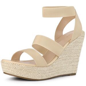 Women's Platform Slingback Elastic Strap Espadrille Wedges Heel Sandals Beige